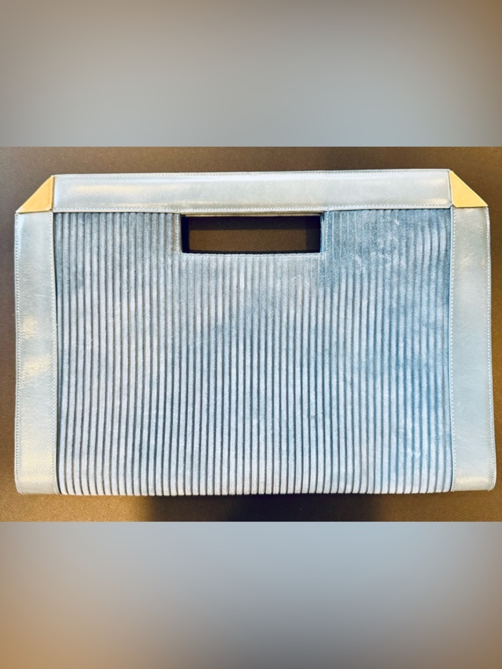 Vintage Blue Corduroy Foldover Clutch with Gold Accents